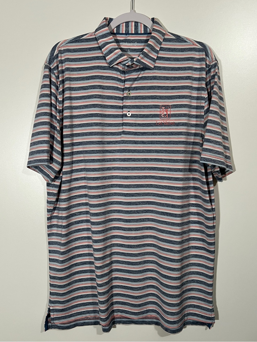 Johnnie-O Golf Polo from TPC Las Vegas Size Large Pink Blue Stripes